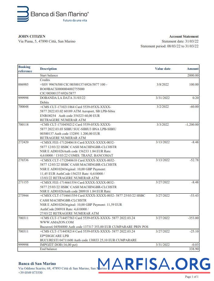 Downloadable San Marino Banca di San Marino bank statement excel example